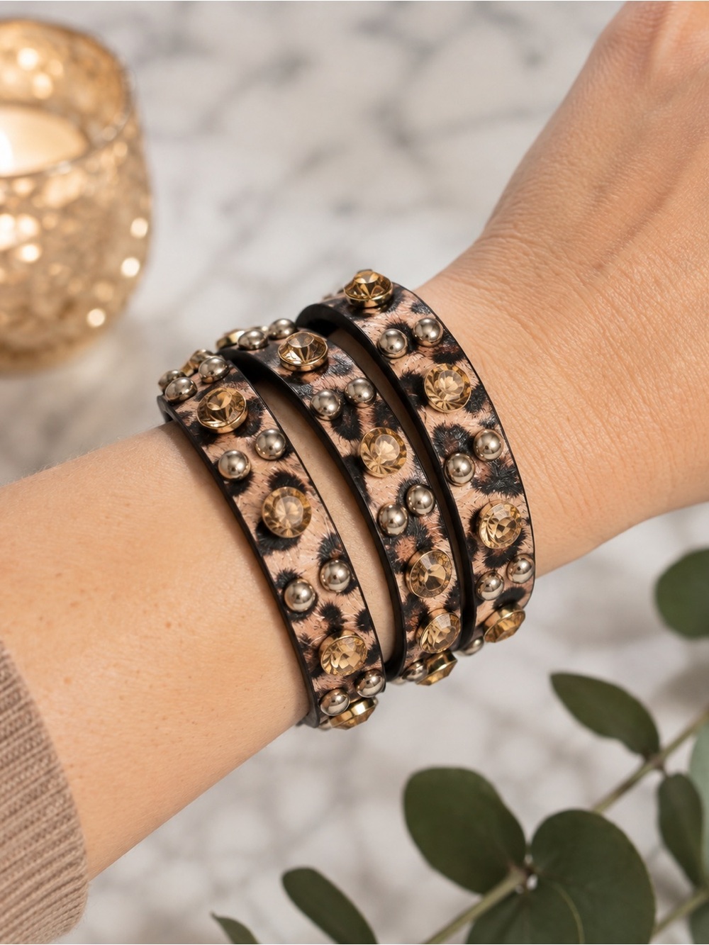 Animal Print Leopard Print Studded Wrap Leather Bracelet‎